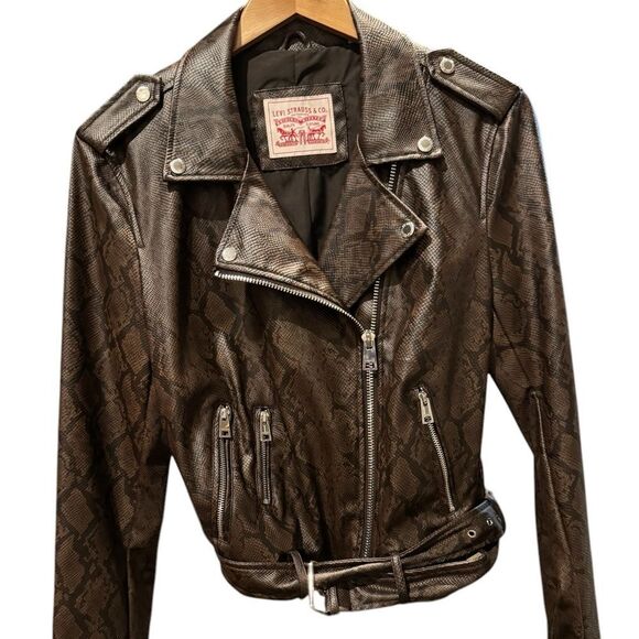 LEVI STRAUSS & CO FAUX LEATHER SNAKE PRINT MOTO BELTED JACKET BROWN/BLK NWOT - Picture 1 of 5